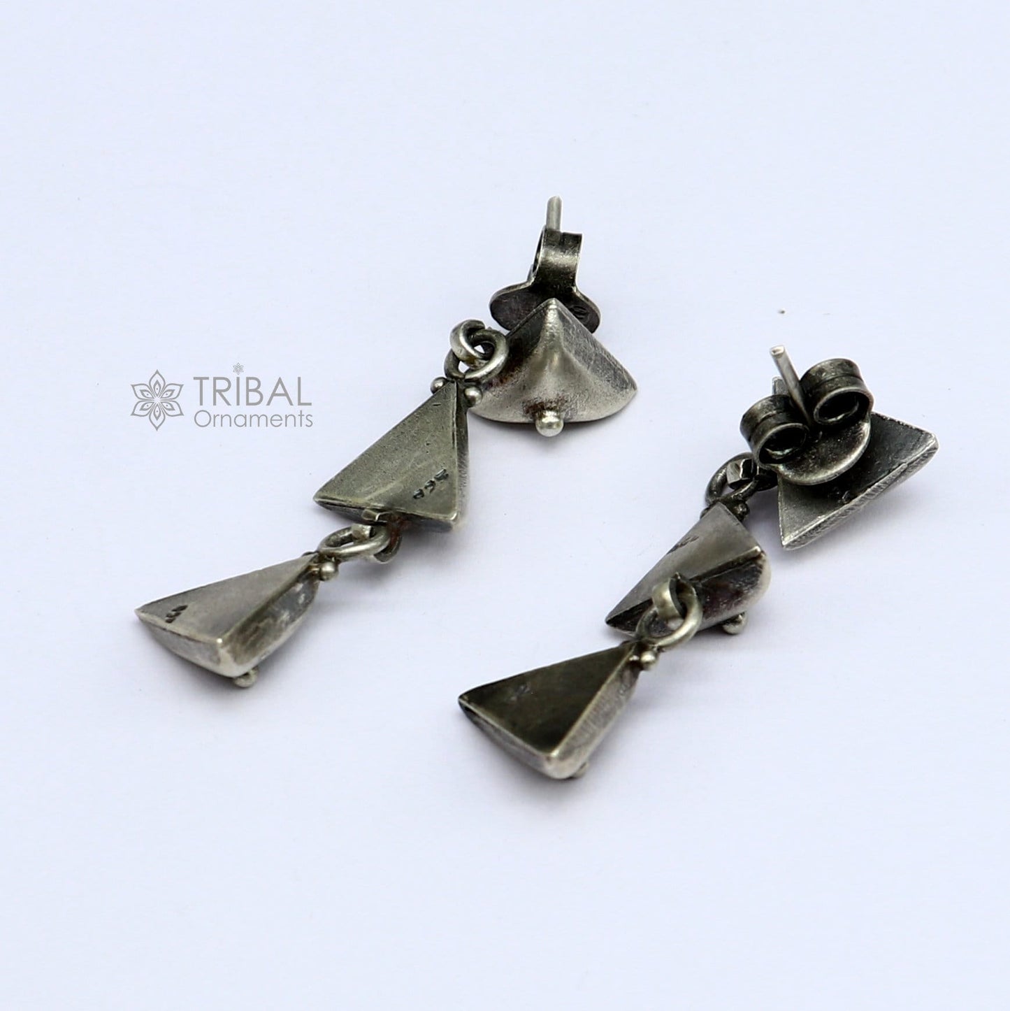 925 Sterling silver handmade traditional cultural design 3 steps drop dangler fancy earrings, best party functional Navratri jewelry s1251 - TRIBAL ORNAMENTS