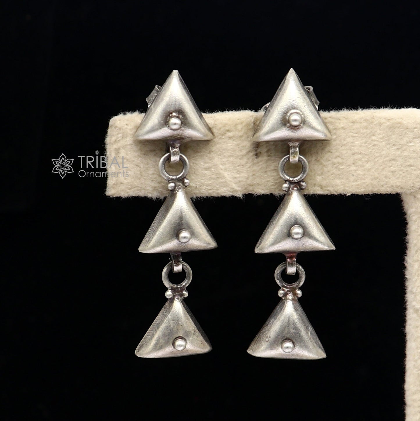 925 Sterling silver handmade traditional cultural design 3 steps drop dangler fancy earrings, best party functional Navratri jewelry s1251 - TRIBAL ORNAMENTS