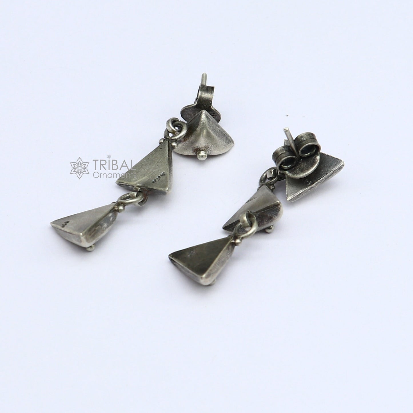 925 Sterling silver handmade traditional cultural design 3 steps drop dangler fancy earrings, best party functional Navratri jewelry s1251 - TRIBAL ORNAMENTS