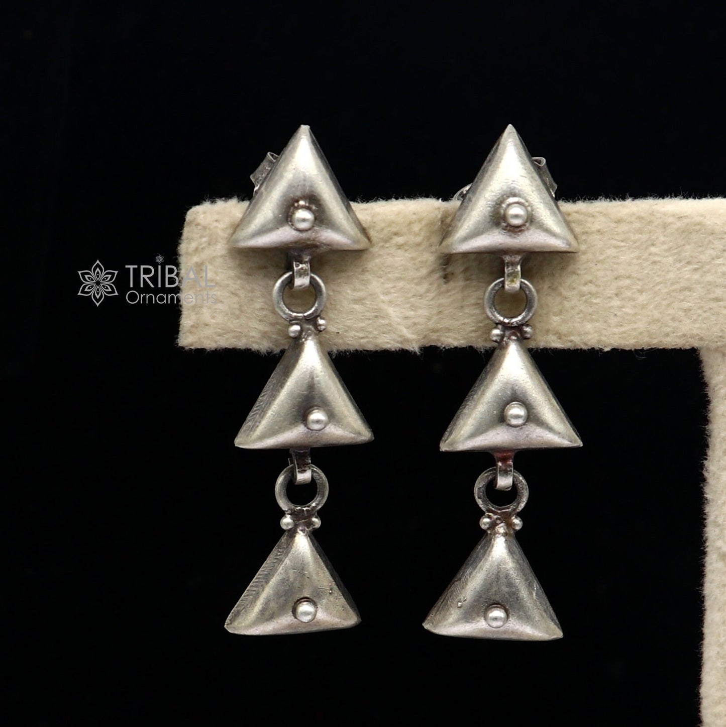 925 Sterling silver handmade traditional cultural design 3 steps drop dangler fancy earrings, best party functional Navratri jewelry s1251 - TRIBAL ORNAMENTS