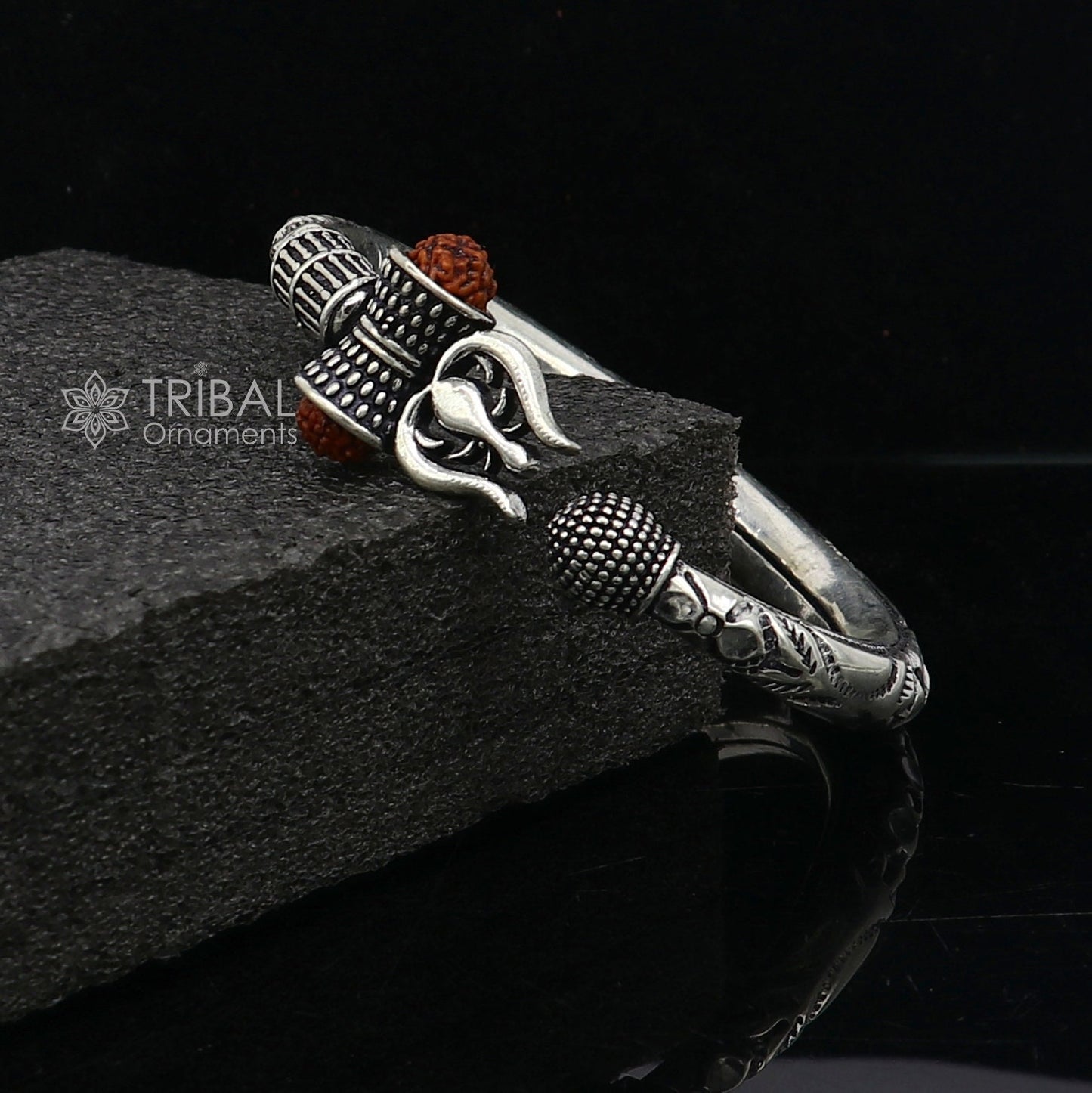 925 Sterling silver handmade unique design Lord Shiva trident trishul kada bangle bracelet with natural Rudraksha bahubali kada nsk787 - TRIBAL ORNAMENTS