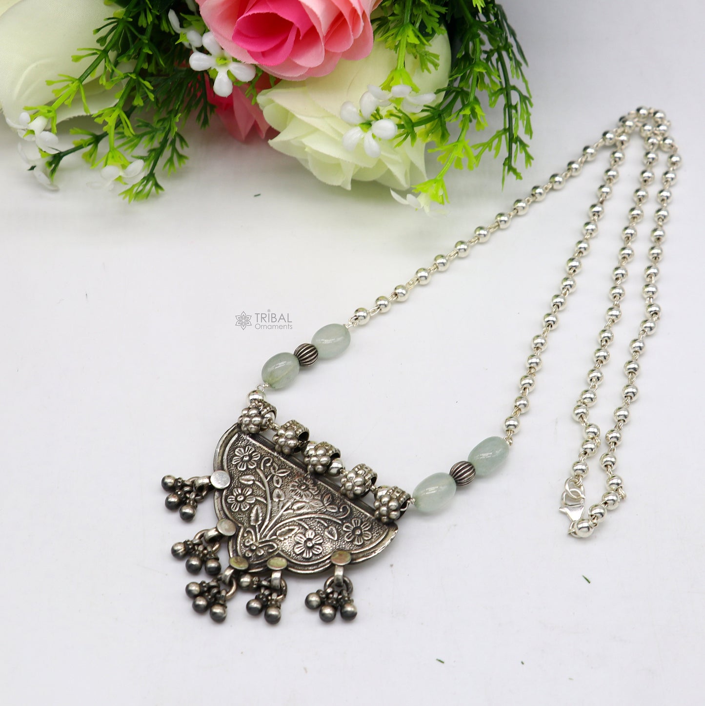 925 sterling silver handmade 4mm beaded long necklace with unique design traditional cultural functional necklace jewelry SET649 - TRIBAL ORNAMENTS