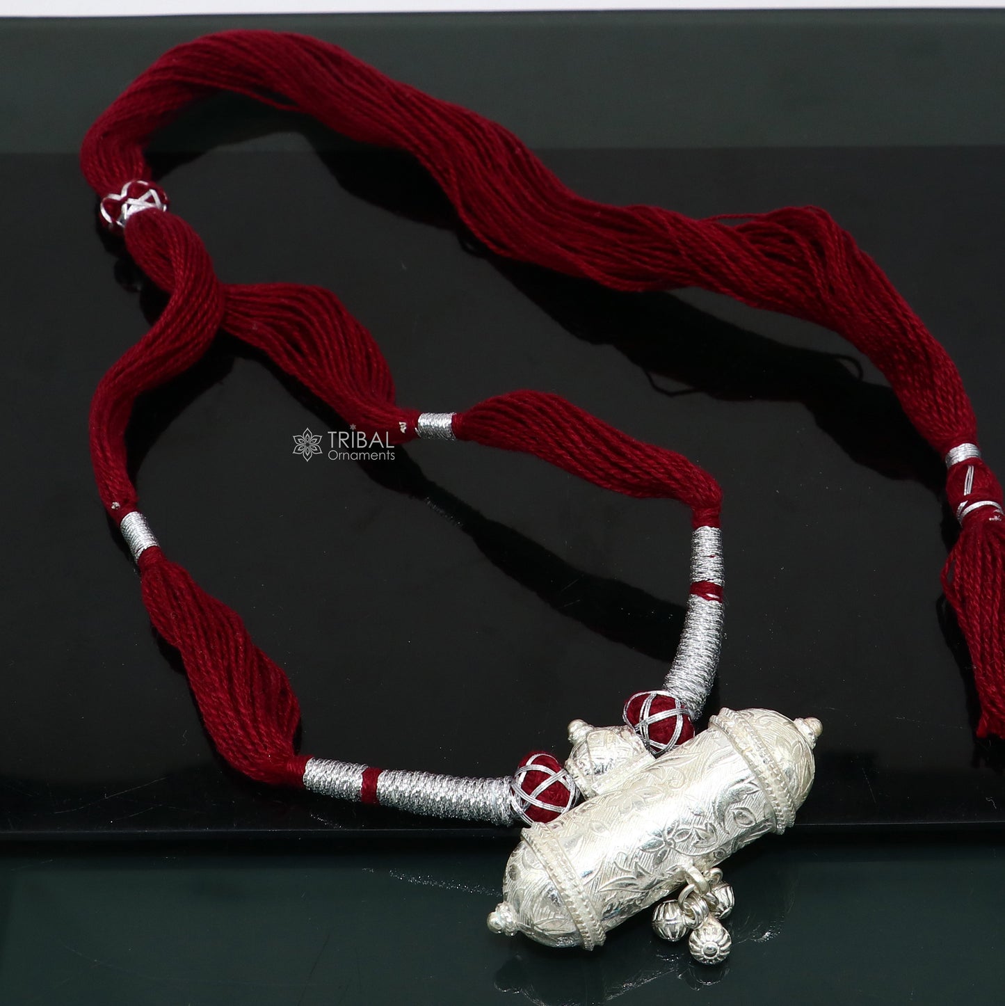 925 Sterling silver handmade Ethnic cultural tribal pendant with dark red thread necklace traditional choker brides jewelry set652 - TRIBAL ORNAMENTS