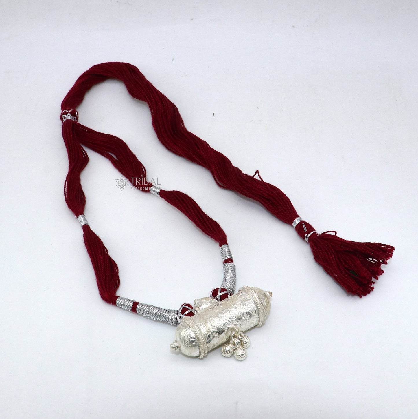 925 Sterling silver handmade Ethnic cultural tribal pendant with dark red thread necklace traditional choker brides jewelry set652 - TRIBAL ORNAMENTS