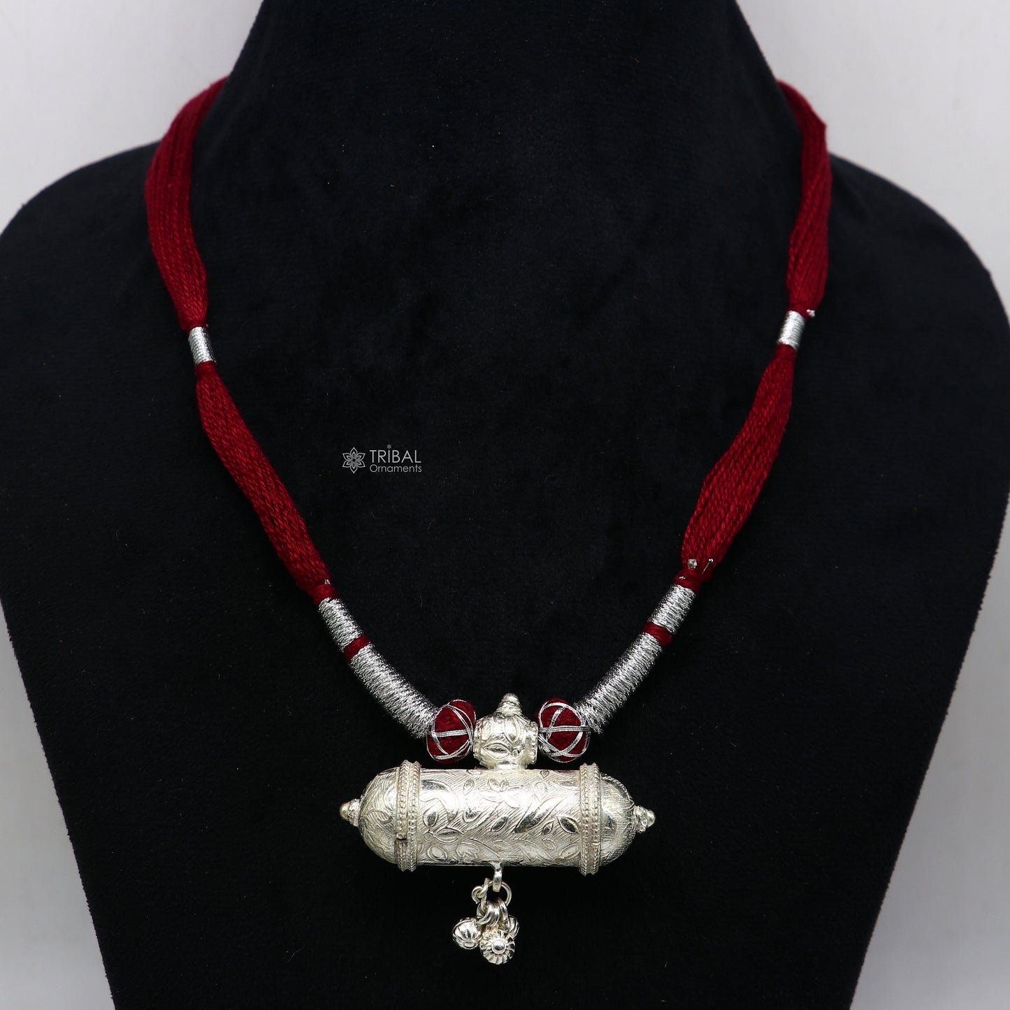 925 Sterling silver handmade Ethnic cultural tribal pendant with dark red thread necklace traditional choker brides jewelry set652 - TRIBAL ORNAMENTS