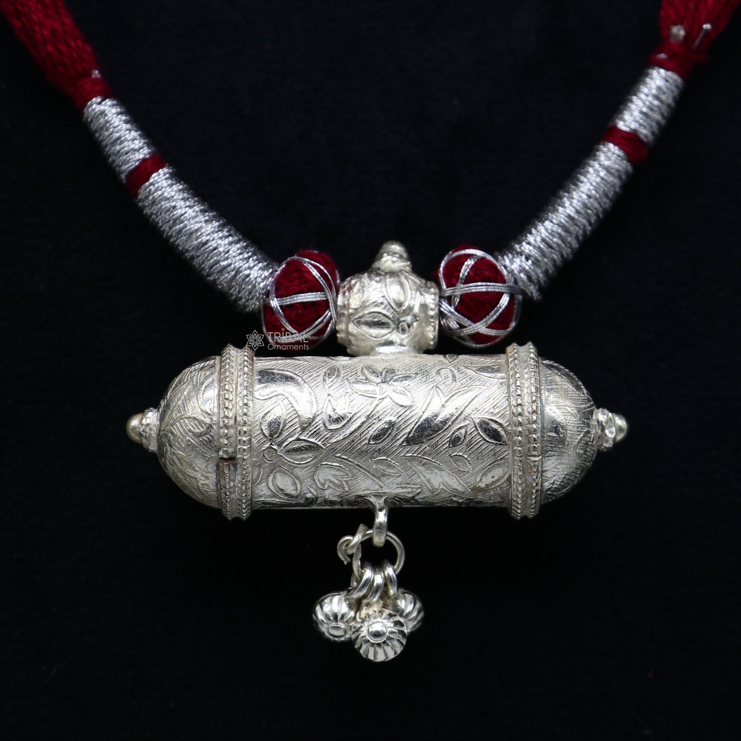 925 Sterling silver handmade Ethnic cultural tribal pendant with dark red thread necklace traditional choker brides jewelry set652 - TRIBAL ORNAMENTS