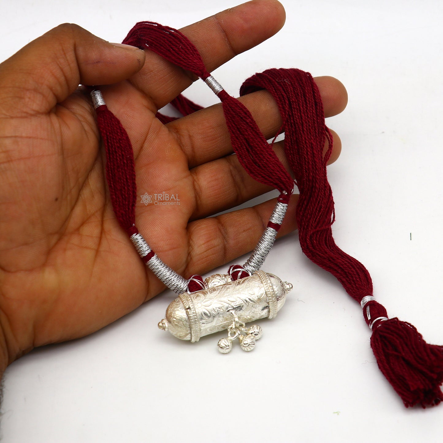 925 Sterling silver handmade Ethnic cultural tribal pendant with dark red thread necklace traditional choker brides jewelry set652 - TRIBAL ORNAMENTS