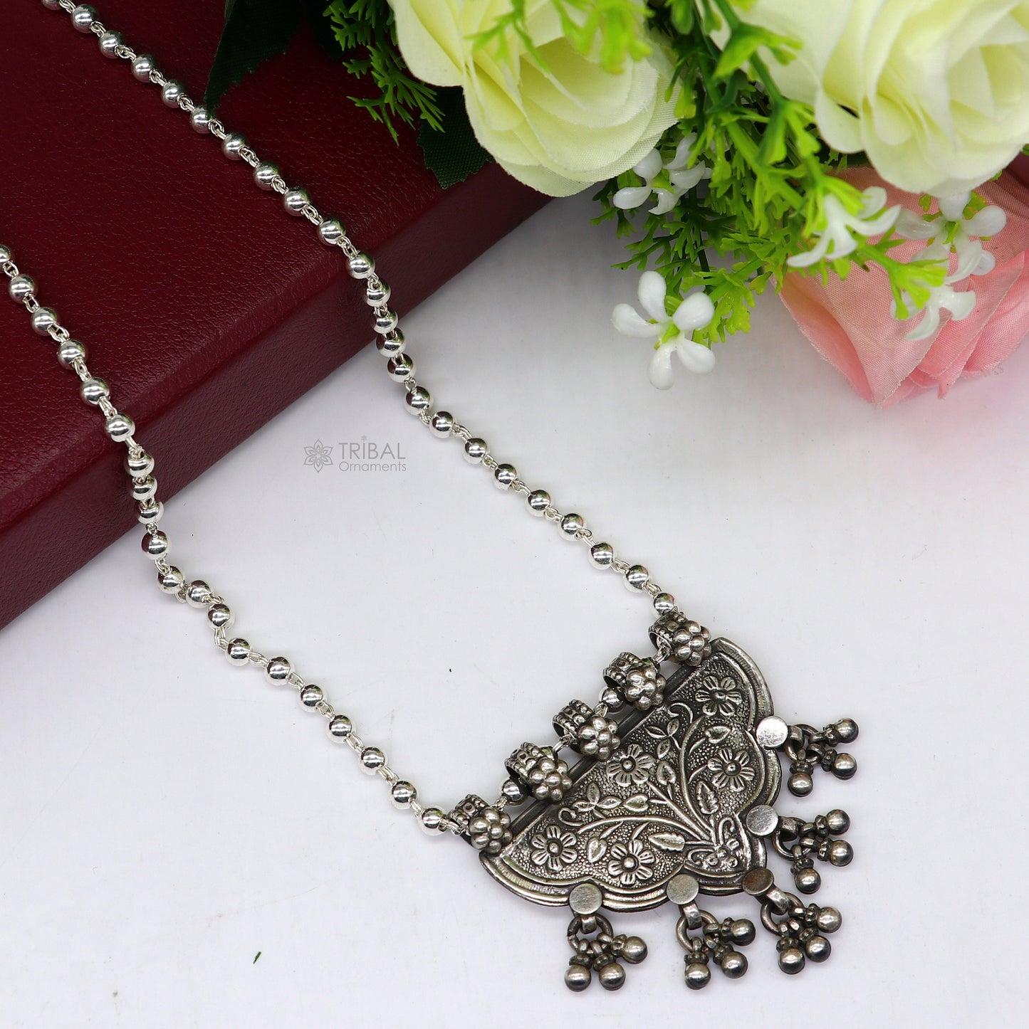 925 sterling silver handmade 4mm beaded long necklace with unique design traditional cultural functional necklace jewelry SET647 - TRIBAL ORNAMENTS