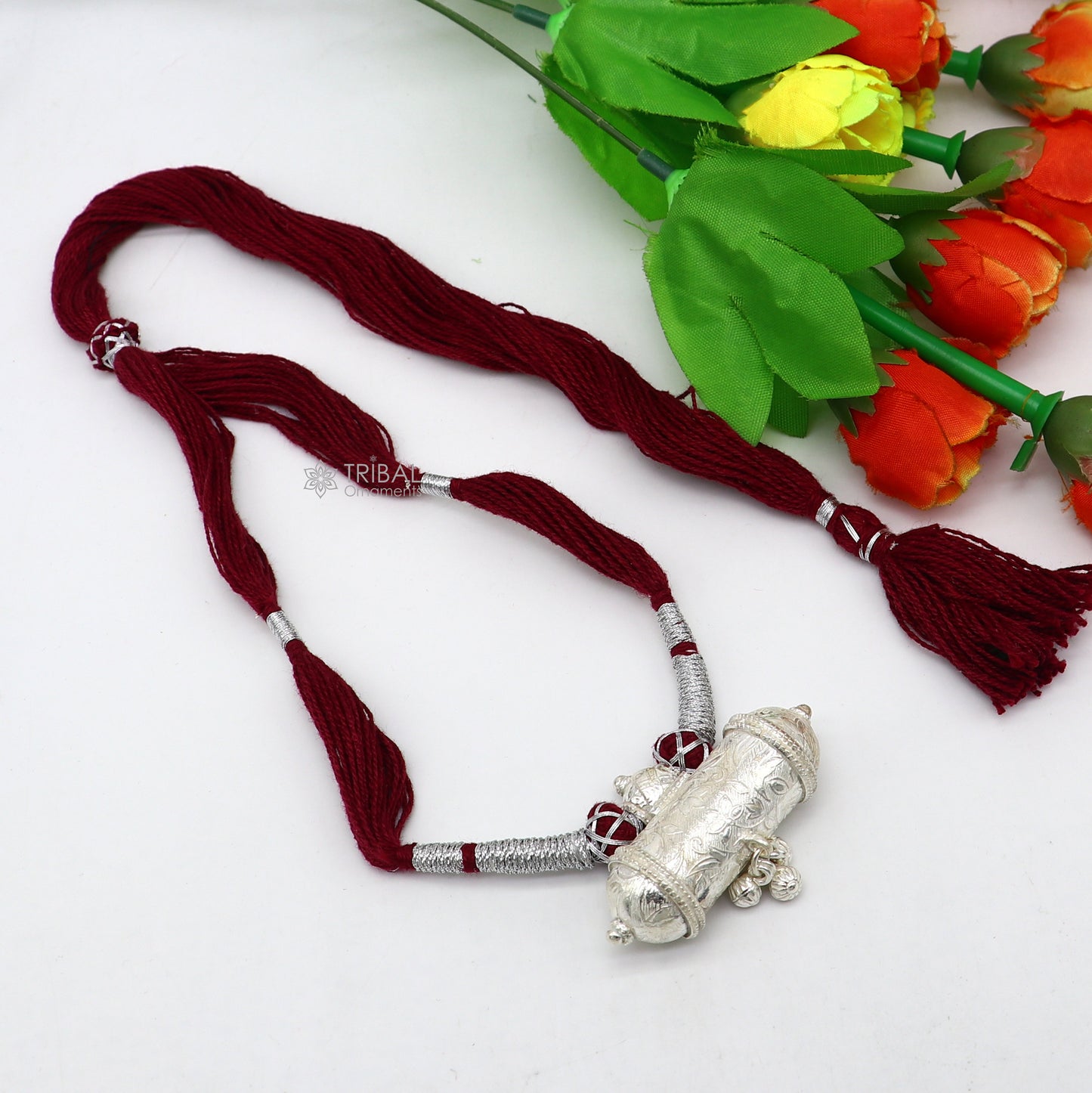 925 Sterling silver handmade Ethnic cultural tribal pendant with dark red thread necklace traditional choker brides jewelry set652 - TRIBAL ORNAMENTS