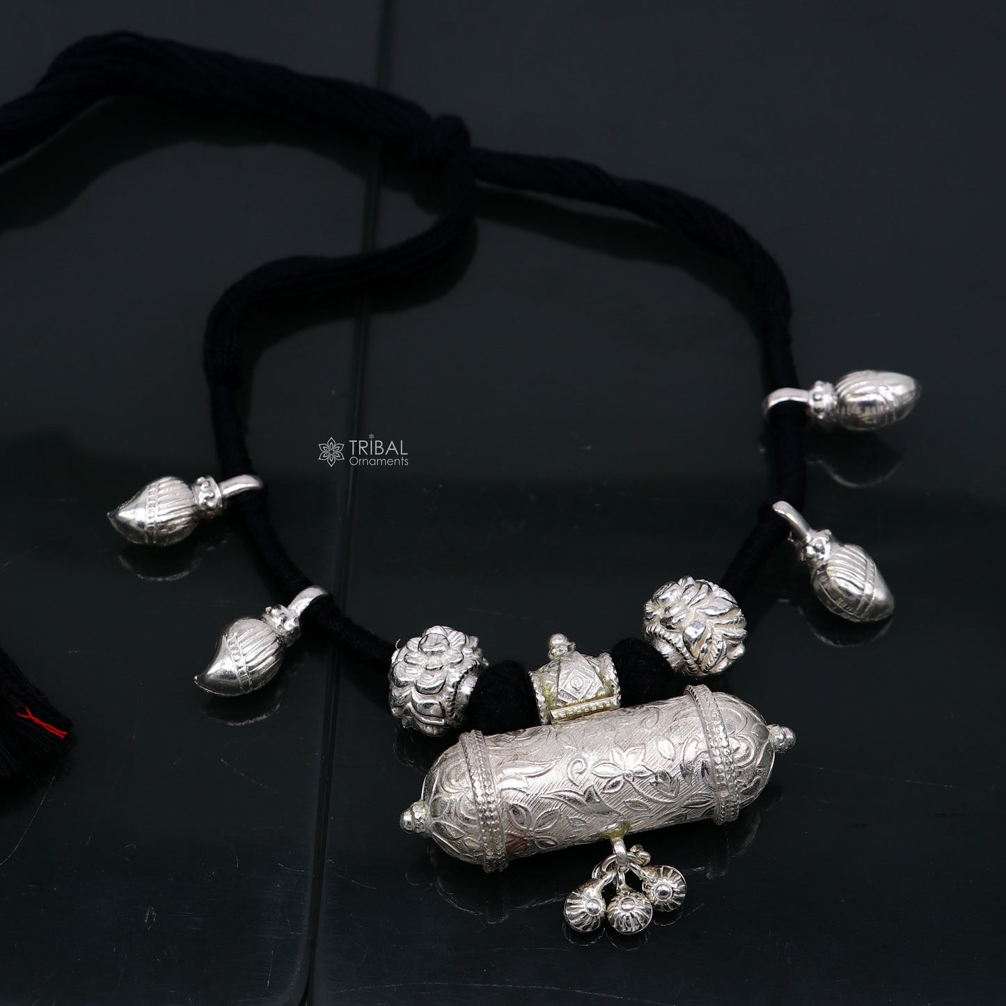 925 Sterling silver handmade Ethnic cultural tribal pendant with black thread necklace traditional choker brides jewelry set653 - TRIBAL ORNAMENTS