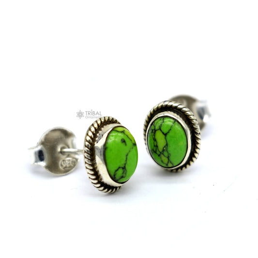 925 sterling silver handmade stud earring with gorgeous single Green turquoise stone stud earring best unisex jewelry s1269 - TRIBAL ORNAMENTS