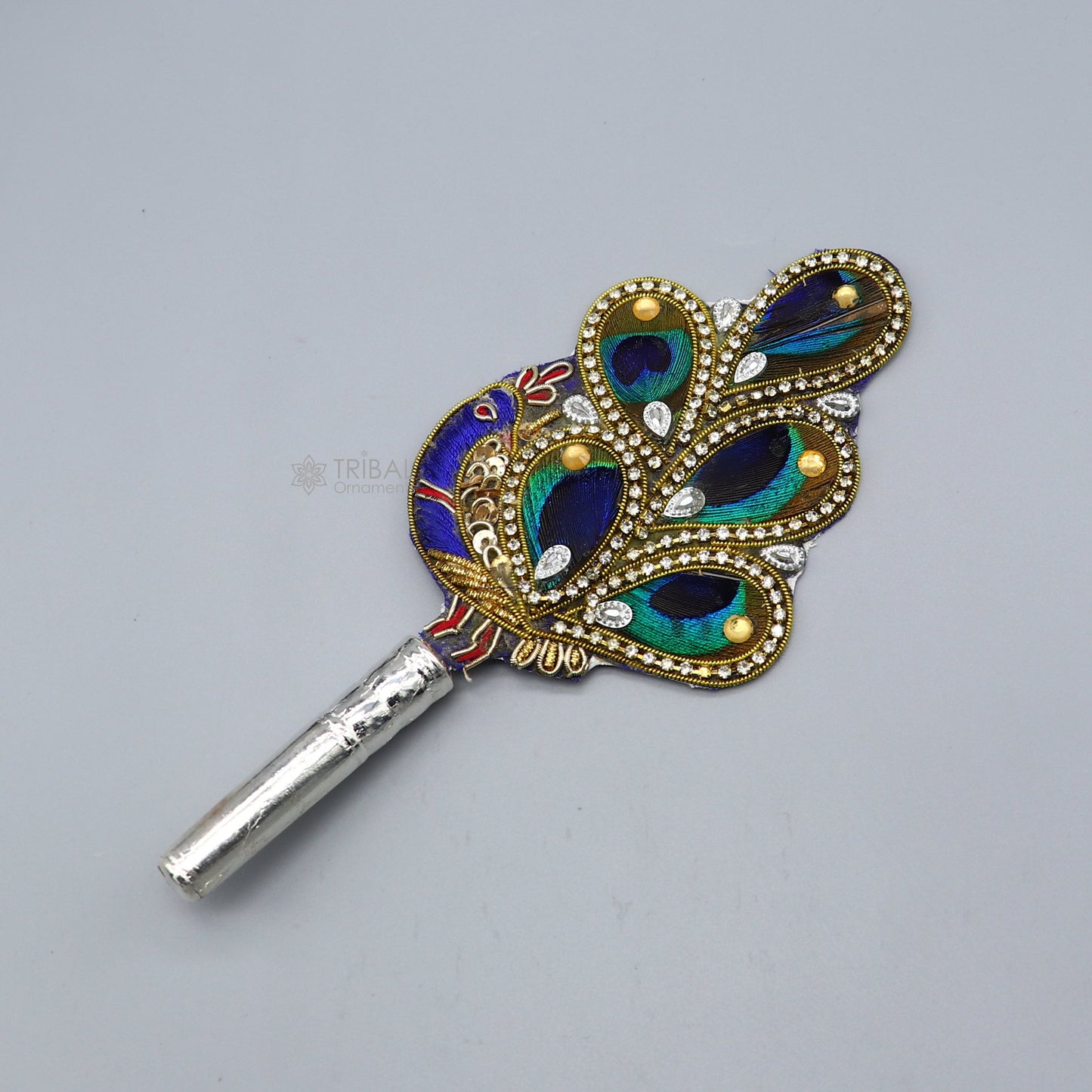 Vintage style handmade Wooden base silver Morchhadi, with peacock feather, best lord krishna laddu gopala silver pankhi silver fan su1217 - TRIBAL ORNAMENTS