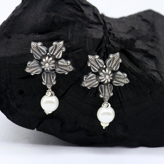 Pearl earing handmade 92.5 sterling silver excellent stud earrings hanging pearl tribal ethnic jewelry from Rajasthan India s1288 - TRIBAL ORNAMENTS