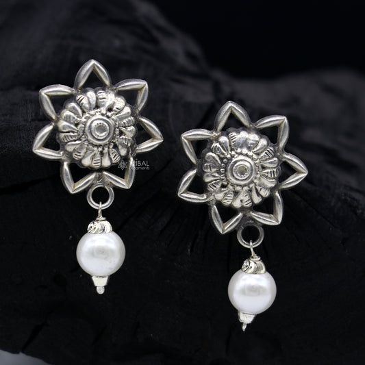 Pearl earing handmade 92.5 sterling silver excellent stud earrings hanging pearl tribal ethnic jewelry from Rajasthan India s1291 - TRIBAL ORNAMENTS