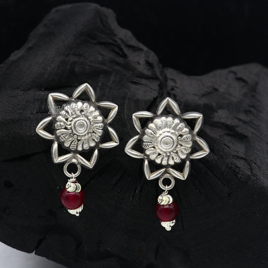 Trendy stylish Round flower design Pearl earing handmade 92.5 sterling silver stud earrings tribal ethnic jewelry s1293 - TRIBAL ORNAMENTS
