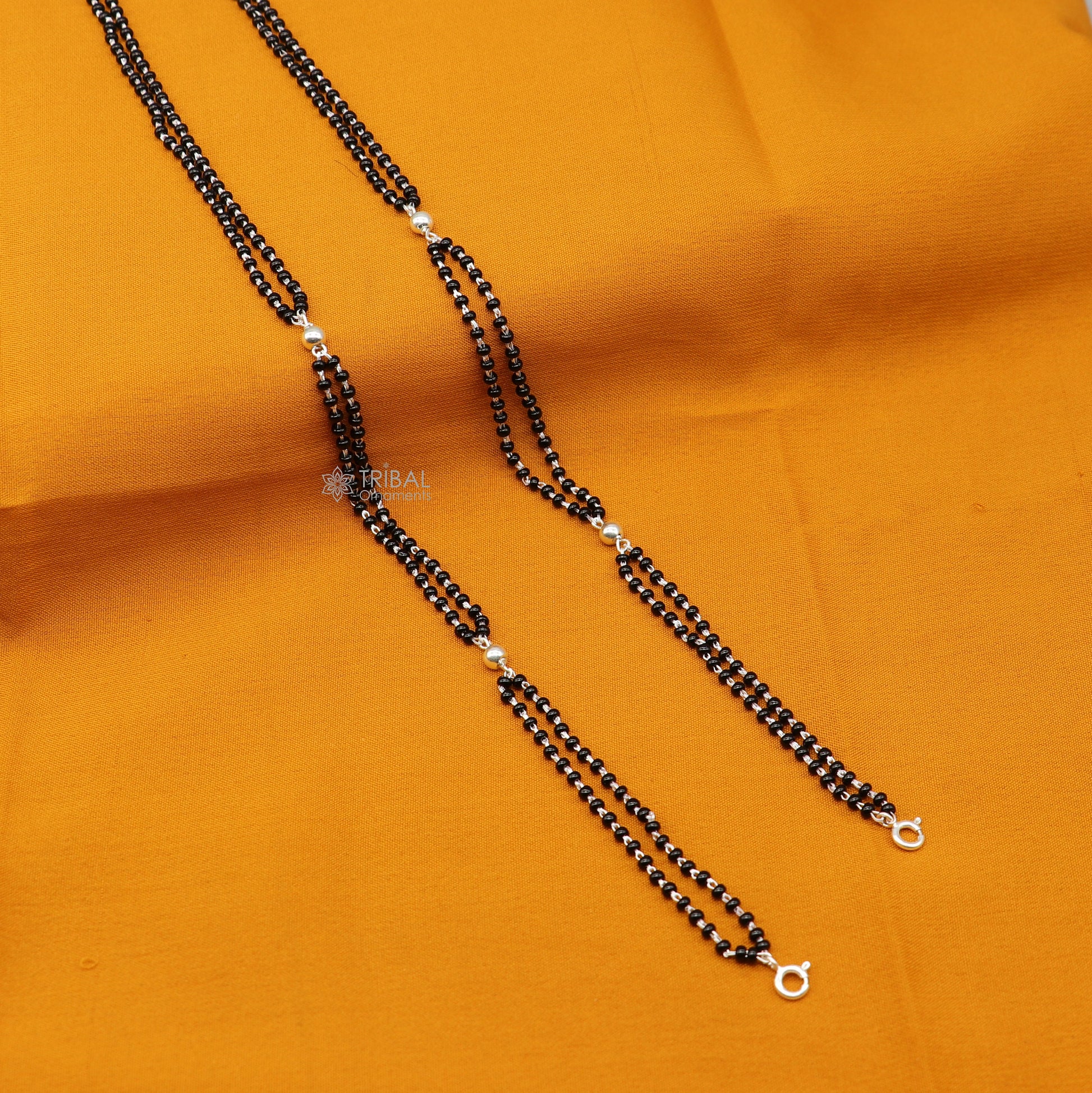 925 sterling silver 2.2mm black beads 2 line chain, vintage Cultural fancy necklace, traditional style brides Mangalsutra chain India ch571 - TRIBAL ORNAMENTS