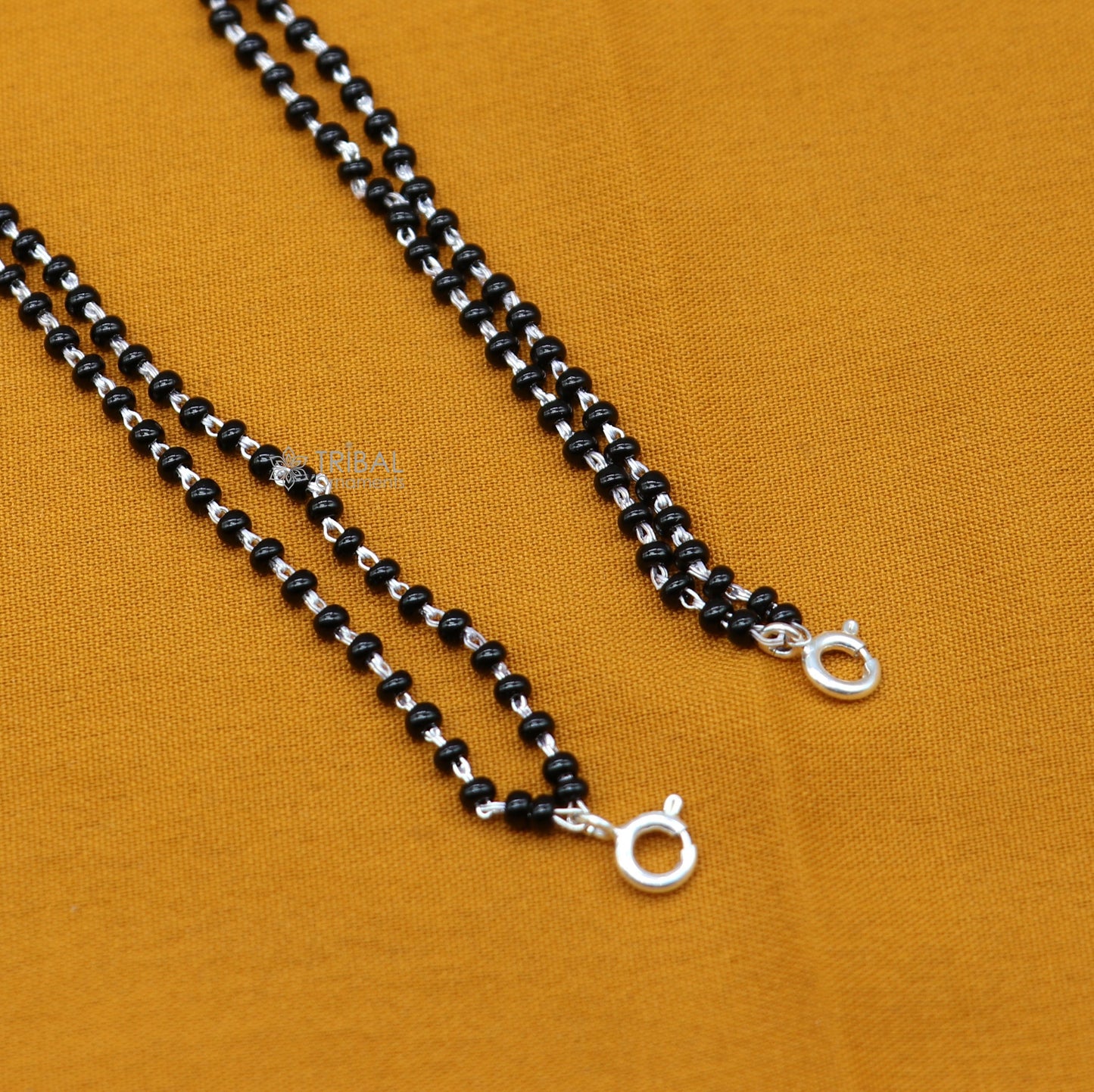 925 sterling silver 2.2mm black beads 2 line chain, vintage Cultural fancy necklace, traditional style brides Mangalsutra chain India ch571 - TRIBAL ORNAMENTS