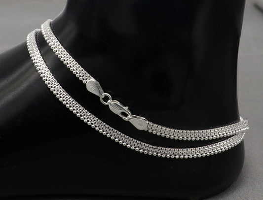 Handmade 4MM chain 925 sterling silver ankle bracelet, silver anklets, foot bracelet amazing belly dance jewelry gift her ank606 - TRIBAL ORNAMENTS
