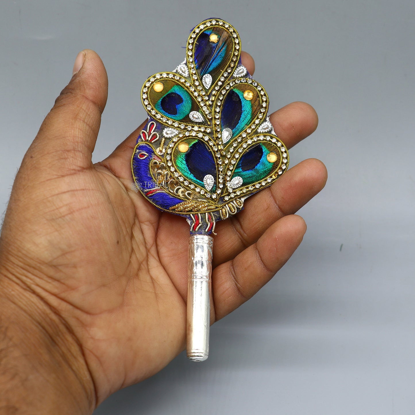 Vintage style handmade Wooden base silver Morchhadi, with peacock feather, best lord krishna laddu gopala silver pankhi silver fan su1217 - TRIBAL ORNAMENTS