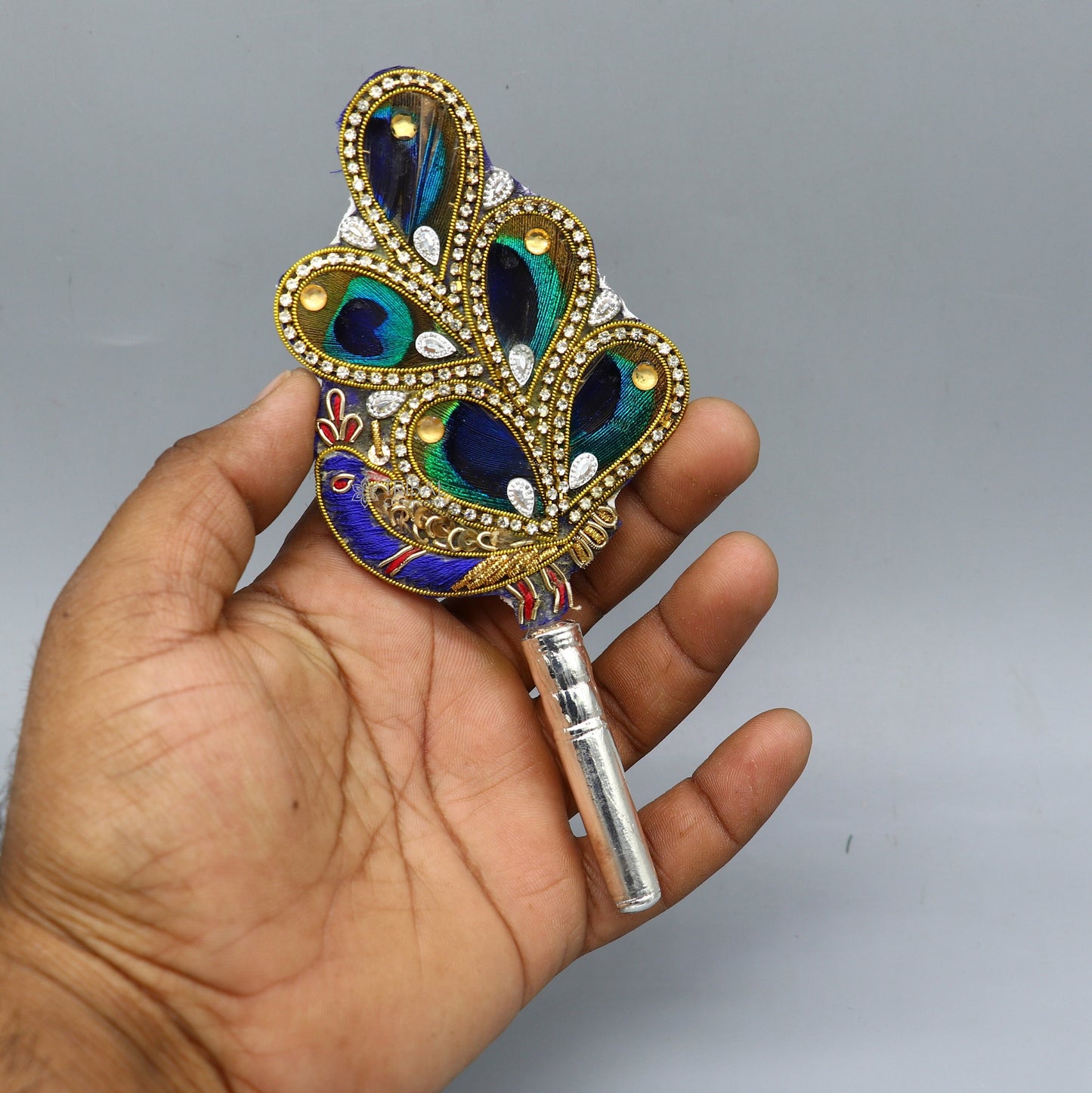 Vintage style handmade Wooden base silver Morchhadi, with peacock feather, best lord krishna laddu gopala silver pankhi silver fan su1217 - TRIBAL ORNAMENTS