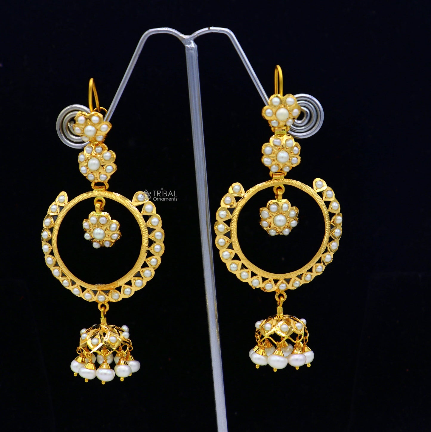 22kt yellow gold handmade unique stylish filigree work hoops earring, Drop dangle charm pearl earrings best functional jewelry er170 - TRIBAL ORNAMENTS