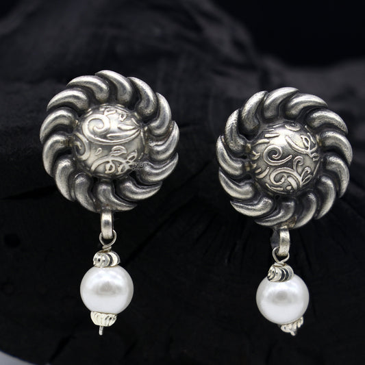 Trendy stylish Round flower design Pearl earing handmade 92.5 sterling silver stud earrings tribal ethnic jewelry s1292 - TRIBAL ORNAMENTS