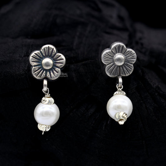 Trendy stylish Round flower design Pearl earing handmade 92.5 sterling silver stud earrings tribal ethnic jewelry s1294 - TRIBAL ORNAMENTS