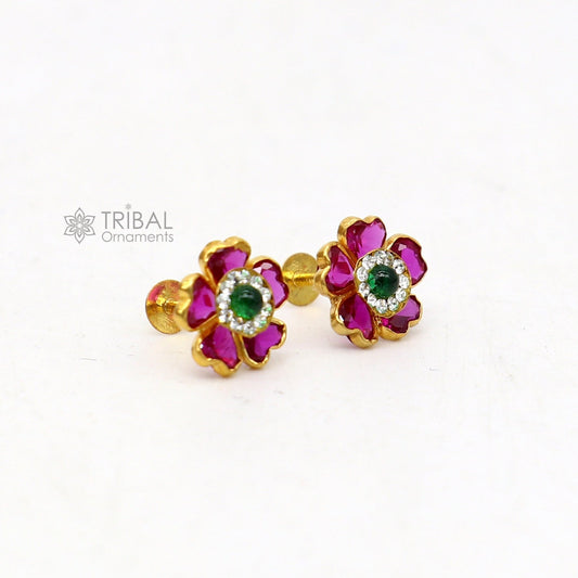 Genuine 14k yellow gold handmade fabulous red and Green Stone excellent vintage flower design stud earrings pair unisex jewelry er172 - TRIBAL ORNAMENTS