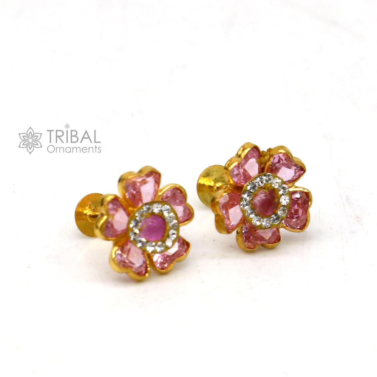 14kt yellow gold handmade fabulous orange Stone excellent vintage flower design stud earrings pair unisex jewelry er176 - TRIBAL ORNAMENTS