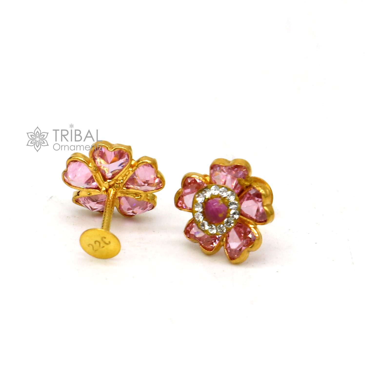 14kt yellow gold handmade fabulous orange Stone excellent vintage flower design stud earrings pair unisex jewelry er176 - TRIBAL ORNAMENTS