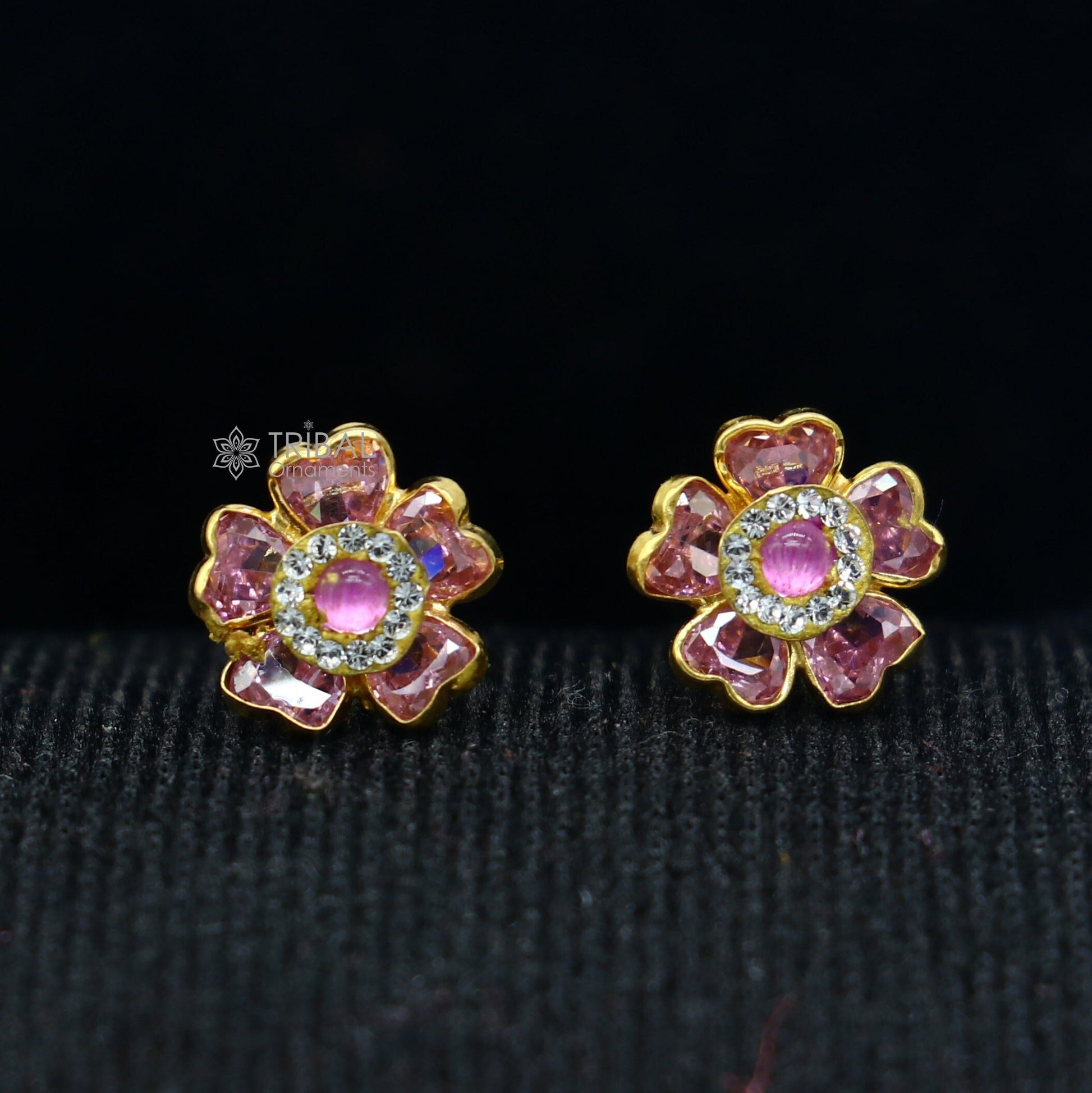 14kt yellow gold handmade fabulous orange Stone excellent vintage flower design stud earrings pair unisex jewelry er176 - TRIBAL ORNAMENTS