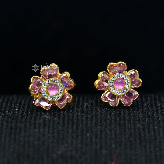 14kt yellow gold handmade fabulous orange Stone excellent vintage flower design stud earrings pair unisex jewelry er176 - TRIBAL ORNAMENTS