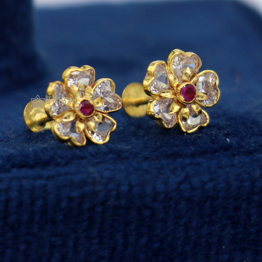 14kt yellow gold handmade fabulous orange Stone excellent vintage flower design stud earrings pair unisex jewelry er178 - TRIBAL ORNAMENTS