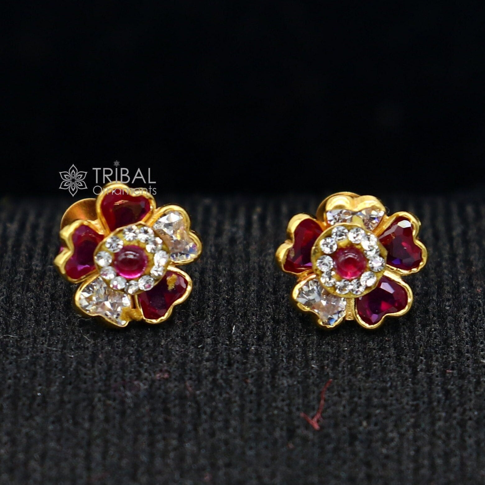 14kt yellow gold handmade fabulous orange Stone excellent vintage flower design stud earrings pair unisex jewelry er177 - TRIBAL ORNAMENTS