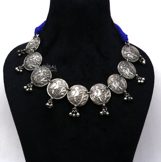 925 sterling silver handmade waved peacock design pendants stylish luxury necklace, best brides belly dance Guttapusalu necklace set663 - TRIBAL ORNAMENTS