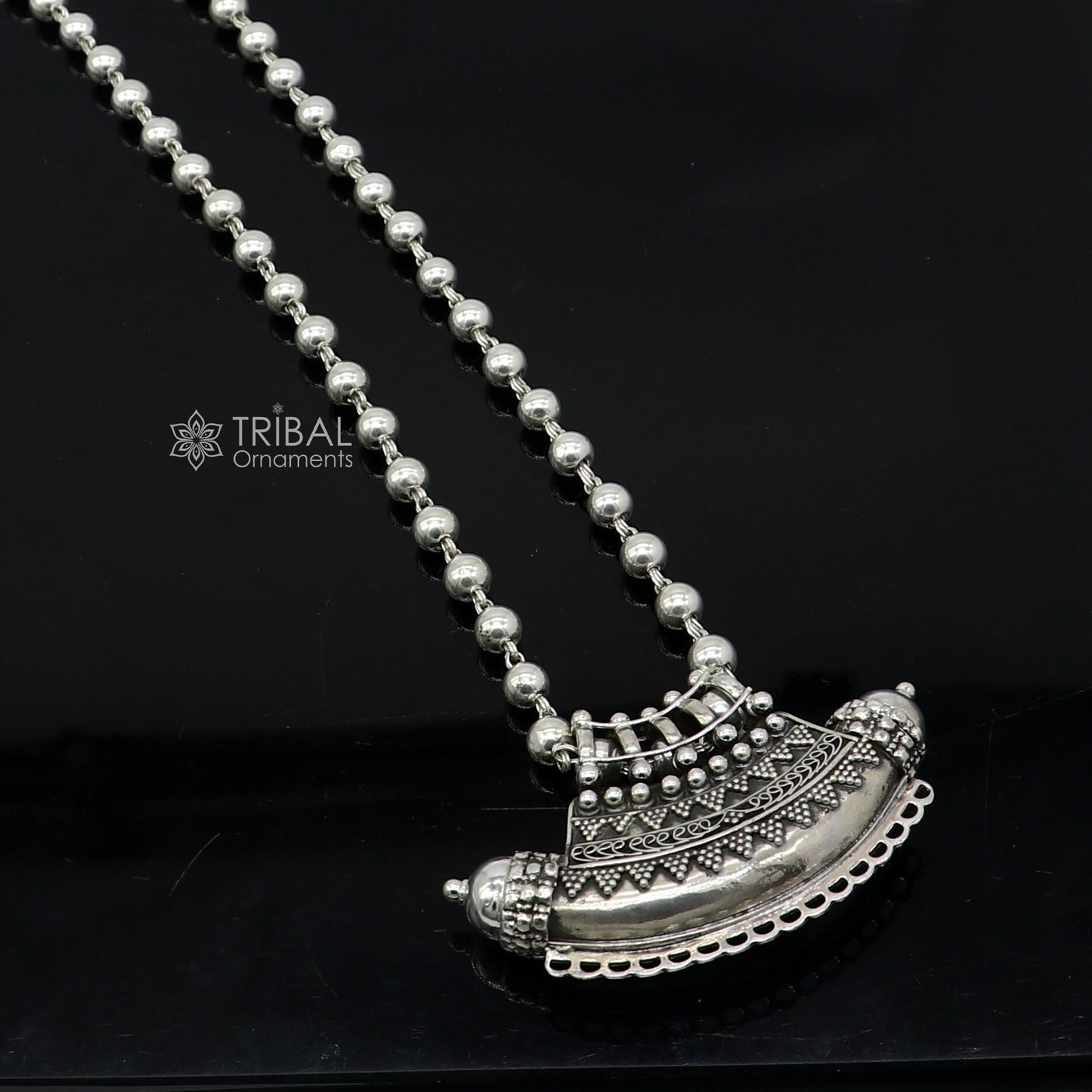 Indian Vintage ethnic design 925 sterling silver gorgeous tribal stylish amulet pendant with 6mm beaded necklace temple jewelry set665 - TRIBAL ORNAMENTS