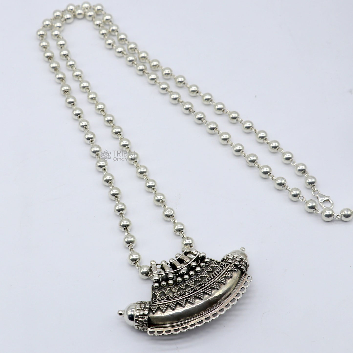 Indian Vintage ethnic design 925 sterling silver gorgeous tribal stylish amulet pendant with 6mm beaded necklace temple jewelry set665 - TRIBAL ORNAMENTS