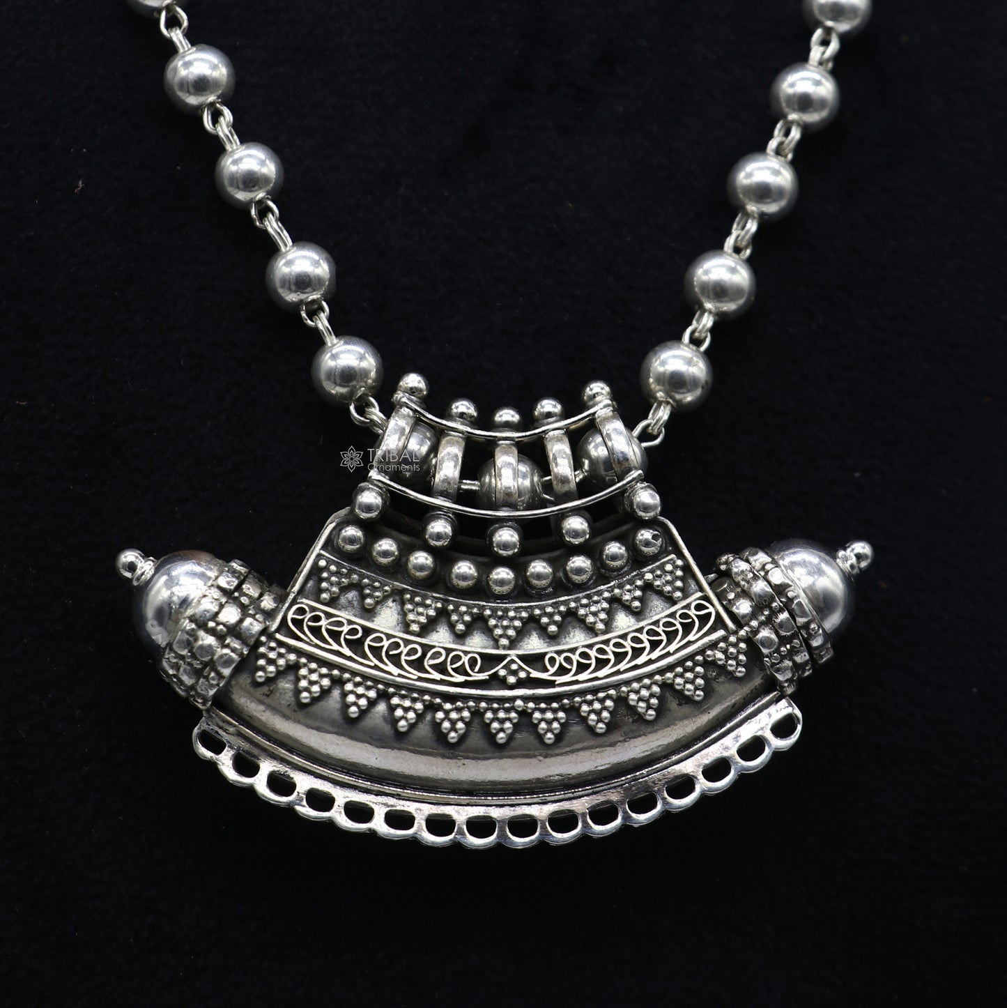 Indian Vintage ethnic design 925 sterling silver gorgeous tribal stylish amulet pendant with 6mm beaded necklace temple jewelry set665 - TRIBAL ORNAMENTS