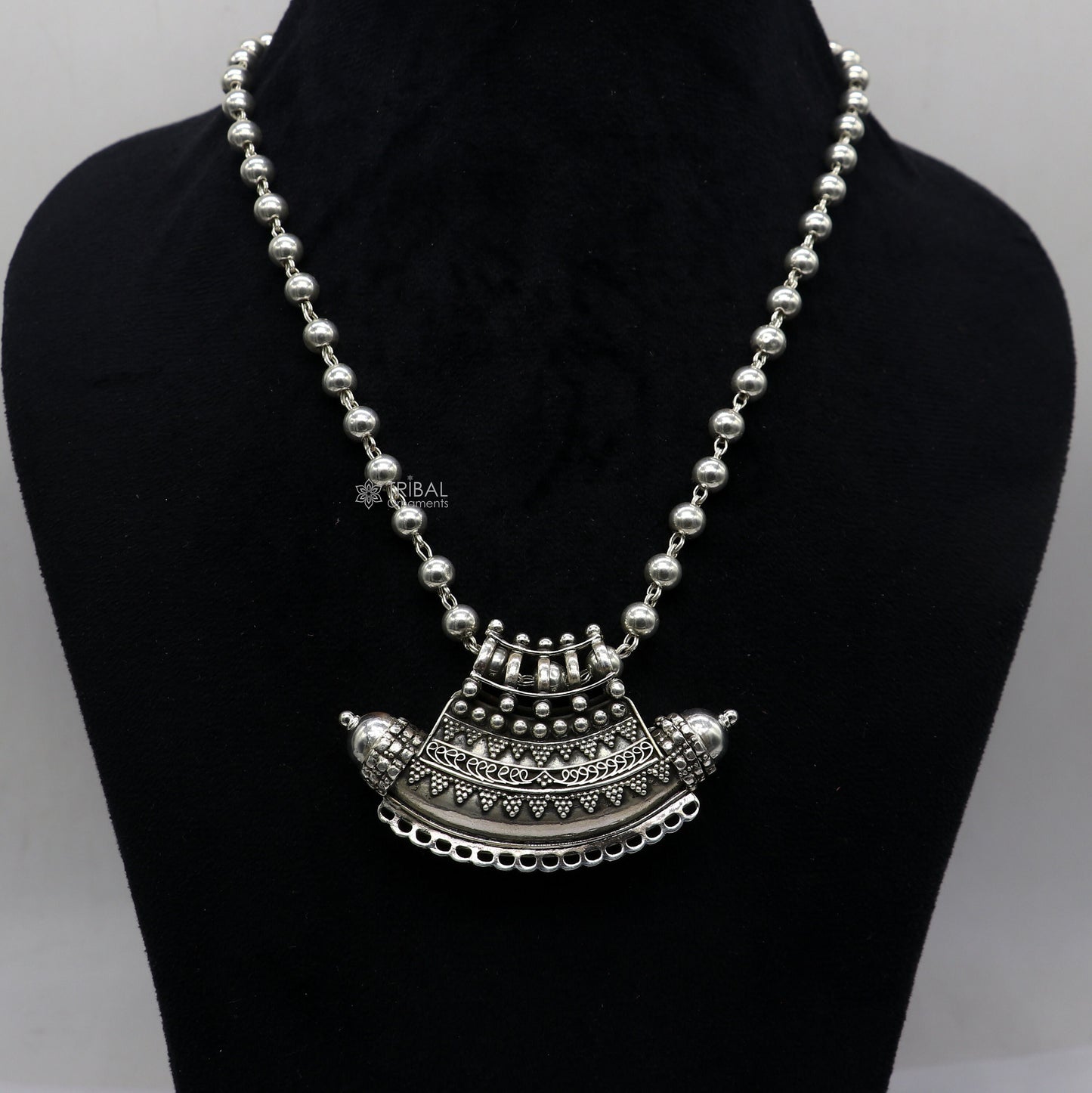 Indian Vintage ethnic design 925 sterling silver gorgeous tribal stylish amulet pendant with 6mm beaded necklace temple jewelry set665 - TRIBAL ORNAMENTS