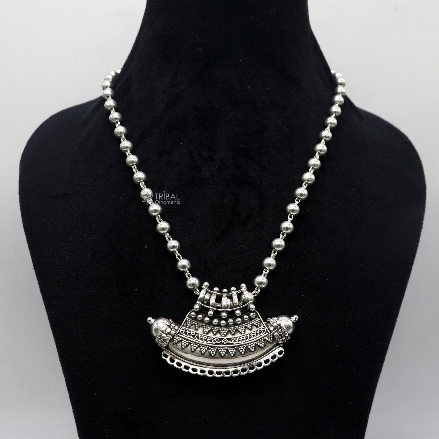 Indian Vintage ethnic design 925 sterling silver gorgeous tribal stylish amulet pendant with 6mm beaded necklace temple jewelry set665 - TRIBAL ORNAMENTS