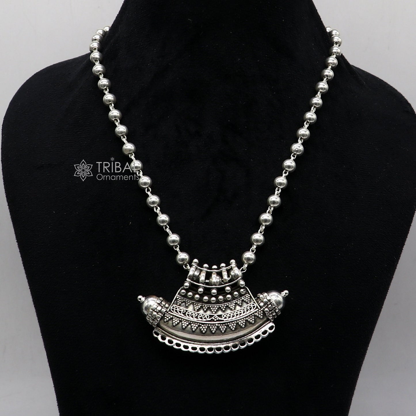 Indian Vintage ethnic design 925 sterling silver gorgeous tribal stylish amulet pendant with 6mm beaded necklace temple jewelry set665 - TRIBAL ORNAMENTS