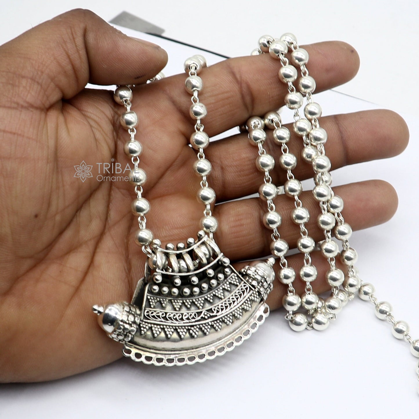 Indian Vintage ethnic design 925 sterling silver gorgeous tribal stylish amulet pendant with 6mm beaded necklace temple jewelry set665 - TRIBAL ORNAMENTS