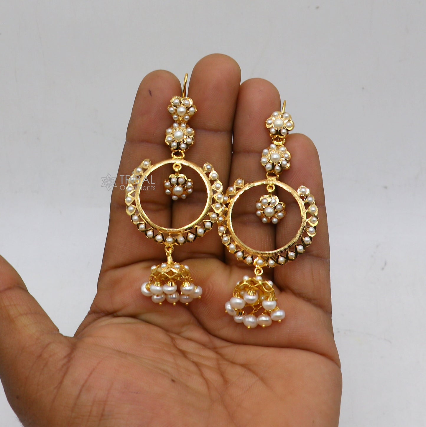 22kt yellow gold handmade unique stylish filigree work hoops earring, Drop dangle charm pearl earrings best functional jewelry er170 - TRIBAL ORNAMENTS