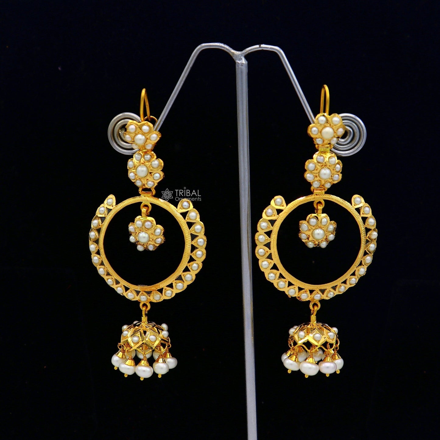 22kt yellow gold handmade unique stylish filigree work hoops earring, Drop dangle charm pearl earrings best functional jewelry er170 - TRIBAL ORNAMENTS