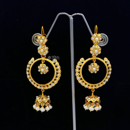 22kt yellow gold handmade unique stylish filigree work hoops earring, Drop dangle charm pearl earrings best functional jewelry  er170 - TRIBAL ORNAMENTS
