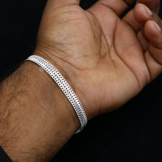 6mm 925 sterling silver handmade amazing flat plain wheat chain flexible unisex bracelet jewelry from Rajasthan india sbr723 - TRIBAL ORNAMENTS