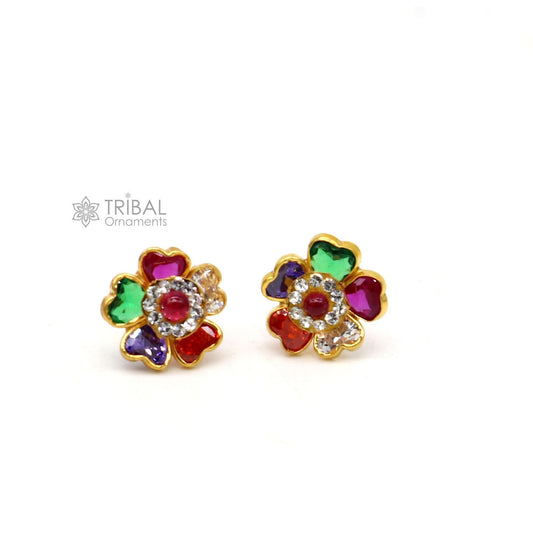 14kt yellow gold handmade fabulous multicolor Stone excellent vintage flower design stud earrings pair unisex jewelry er173 - TRIBAL ORNAMENTS