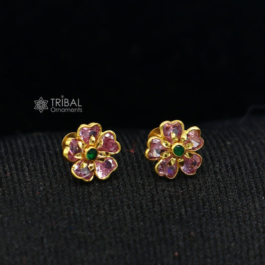 14kt yellow gold handmade fabulous orange Stone excellent vintage flower design stud earrings pair unisex jewelry er175 - TRIBAL ORNAMENTS