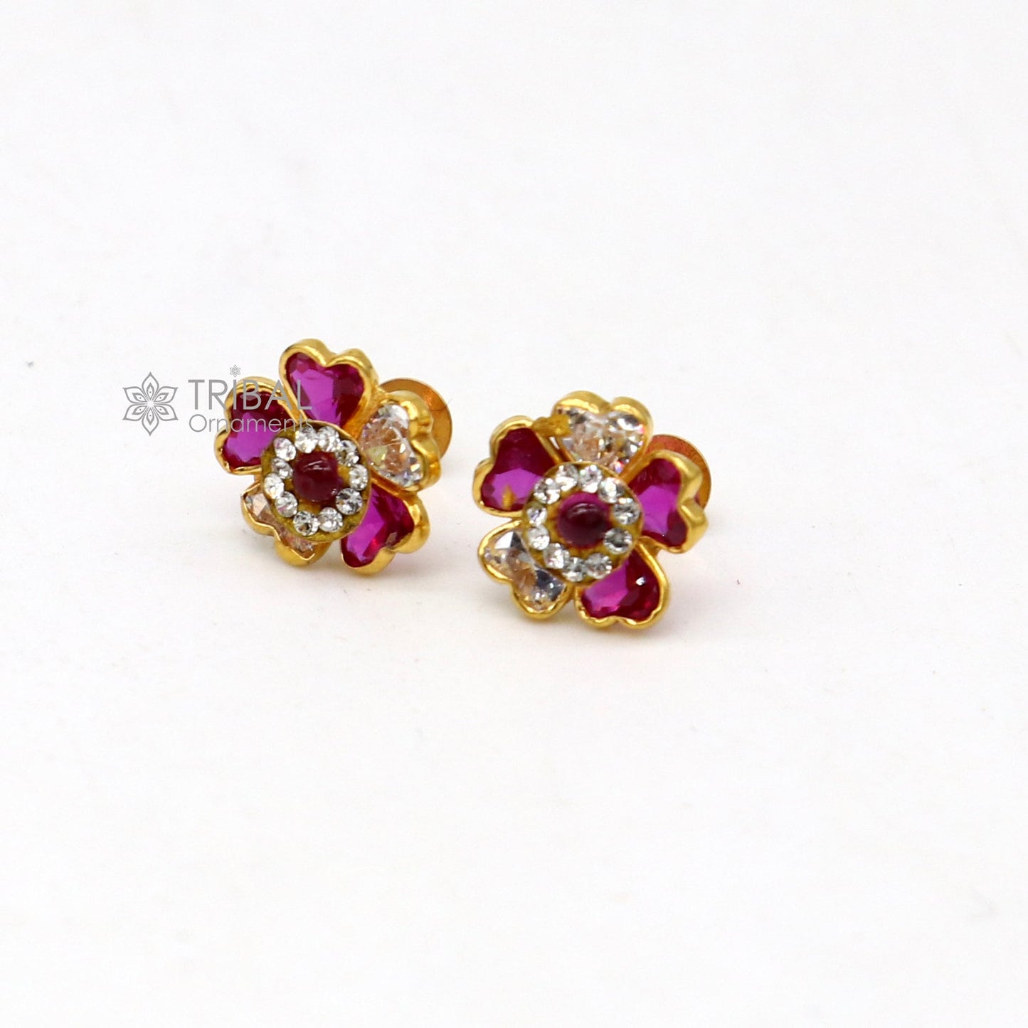14kt yellow gold handmade fabulous orange Stone excellent vintage flower design stud earrings pair unisex jewelry er177 - TRIBAL ORNAMENTS