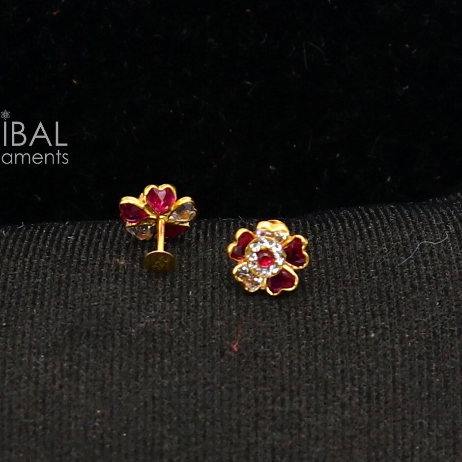 14kt yellow gold handmade fabulous orange Stone excellent vintage flower design stud earrings pair unisex jewelry er177 - TRIBAL ORNAMENTS